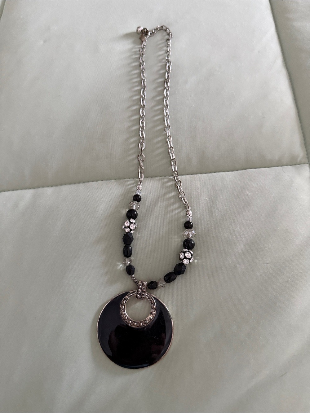 #0199 - Black Statement Pendant Necklace | Silver Chain Rhinestone Circle Accent